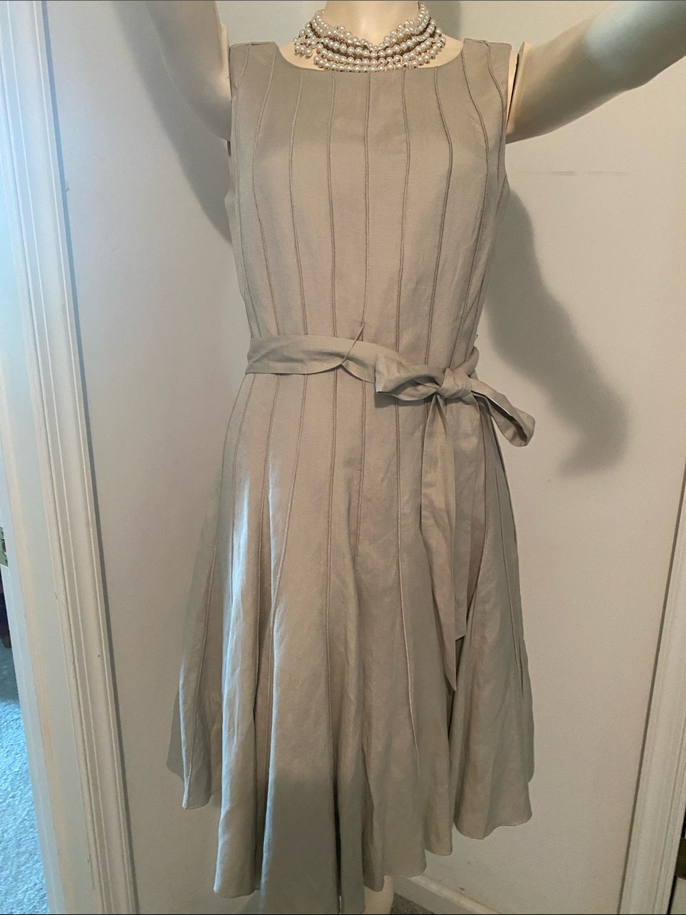 Calvin Klein Sleeveless Pleated Taupe Dress with Waist Tie